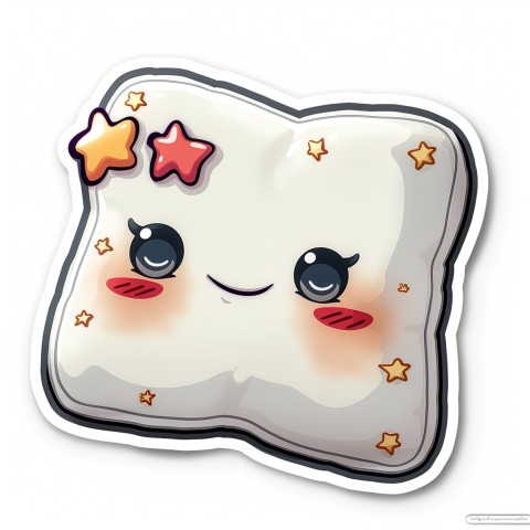 Cute Kawaii Stickers Cozy Pillow with Dreamy Eyes and Tiny Stars on White Background (165)