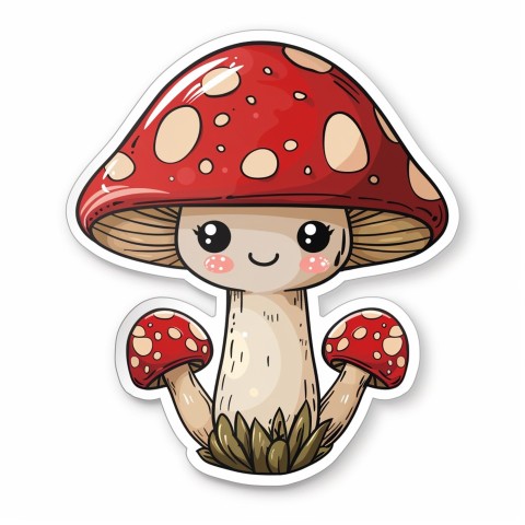 Cute Kawaii Stickers Magic Mushroom Cartoon on White Background (30)