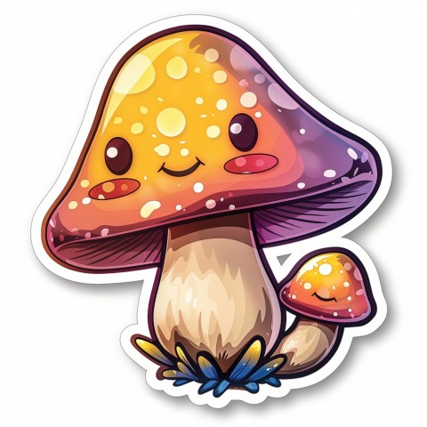 Cute Kawaii Stickers Magic Mushroom Cartoon on White Background (24)