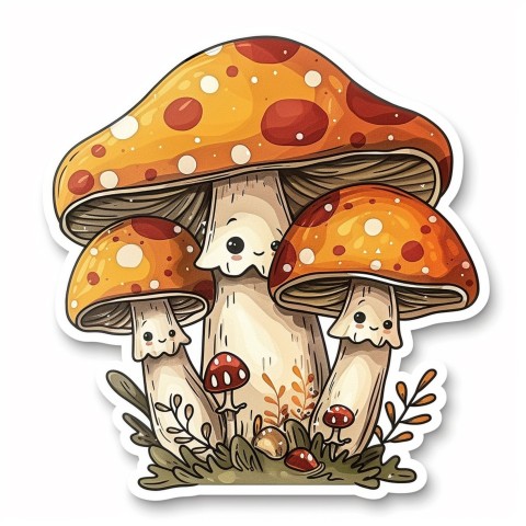 Cute Kawaii Stickers Magic Mushroom Cartoon on White Background (52)