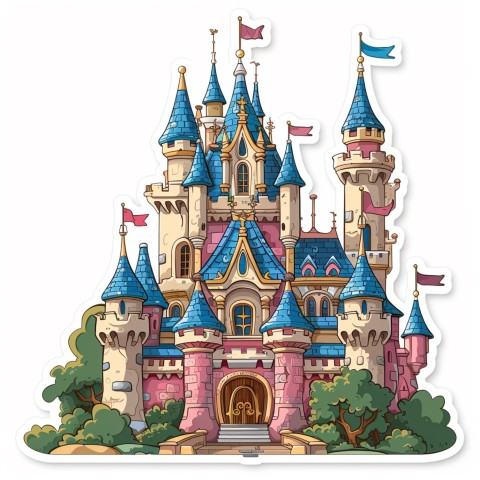 Cute Kawaii Stickers Majestic Castle with Blushing Walls and Flags on White Background (3)