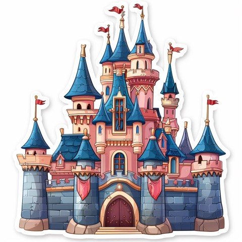 Cute Kawaii Stickers Majestic Castle with Blushing Walls and Flags on White Background (12)