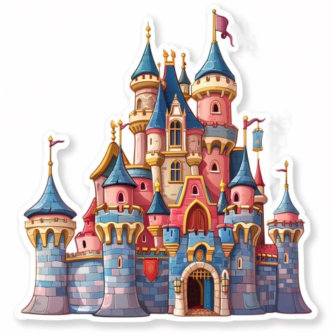 Cute Kawaii Stickers Majestic Castle with Blushing Walls and Flags on White Background (5)