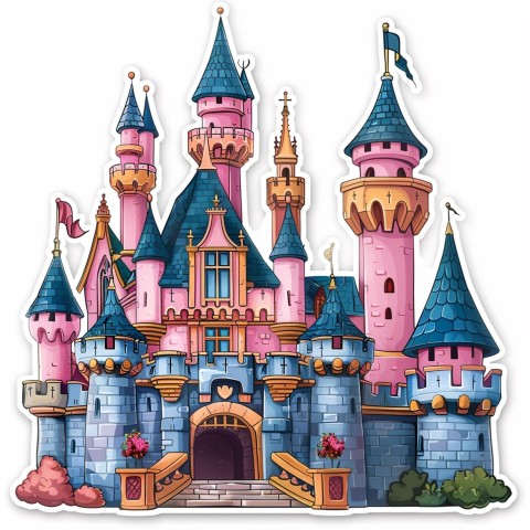 Cute Kawaii Stickers Majestic Castle with Blushing Walls and Flags on White Background (2)