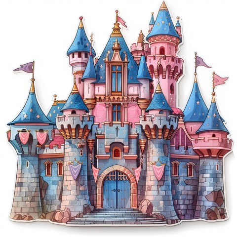 Cute Kawaii Stickers Majestic Castle with Blushing Walls and Flags on White Background (11)