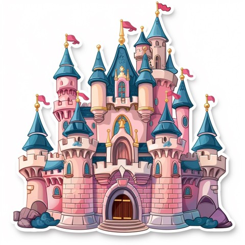 Cute Kawaii Stickers Majestic Castle with Blushing Walls and Flags on White Background (13)