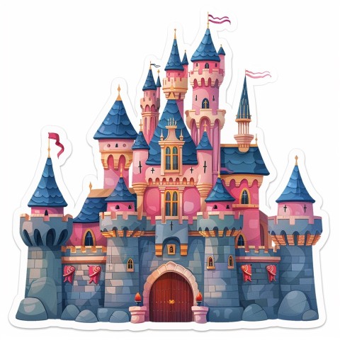 Cute Kawaii Stickers Majestic Castle with Blushing Walls and Flags on White Background (1)