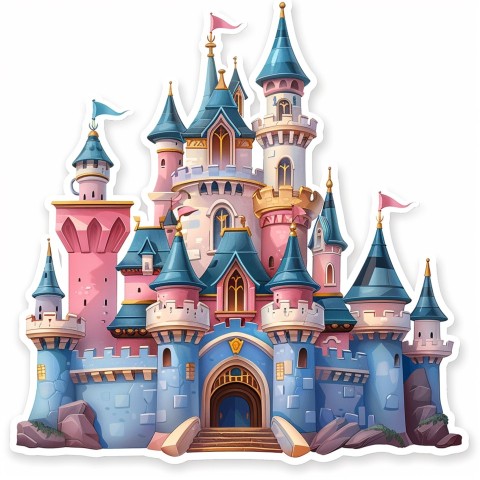 Cute Kawaii Stickers Majestic Castle with Blushing Walls and Flags on White Background (6)