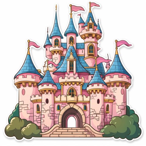 Cute Kawaii Stickers Majestic Castle with Blushing Walls and Flags on White Background (19)