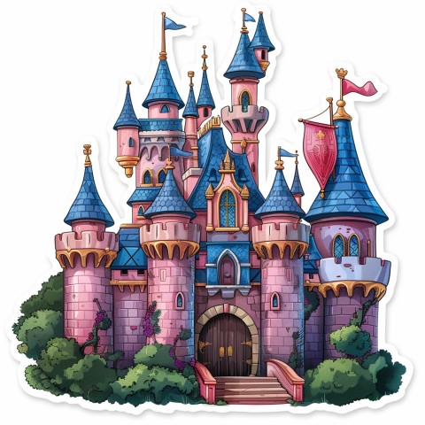 Cute Kawaii Stickers Majestic Castle with Blushing Walls and Flags on White Background (8)