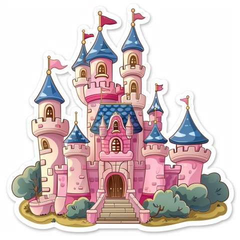 Cute Kawaii Stickers Majestic Castle with Blushing Walls and Flags on White Background (28)