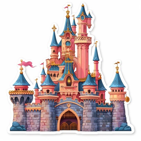 Cute Kawaii Stickers Majestic Castle with Blushing Walls and Flags on White Background (22)