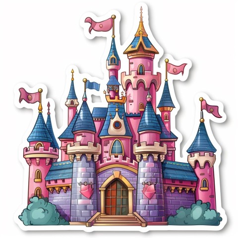 Cute Kawaii Stickers Majestic Castle with Blushing Walls and Flags on White Background (27)