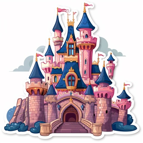 Cute Kawaii Stickers Majestic Castle with Blushing Walls and Flags on White Background (26)