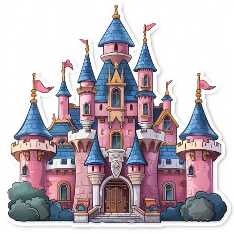 Cute Kawaii Stickers Majestic Castle with Blushing Walls and Flags on White Background (30)