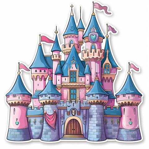 Cute Kawaii Stickers Majestic Castle with Blushing Walls and Flags on White Background (37)