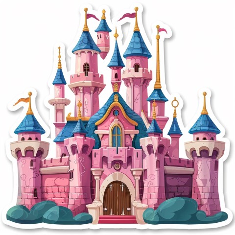 Cute Kawaii Stickers Majestic Castle with Blushing Walls and Flags on White Background (33)