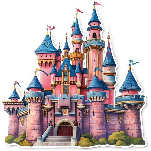 Cute Kawaii Stickers Majestic Castle with Blushing Walls and Flags on White Background (40)