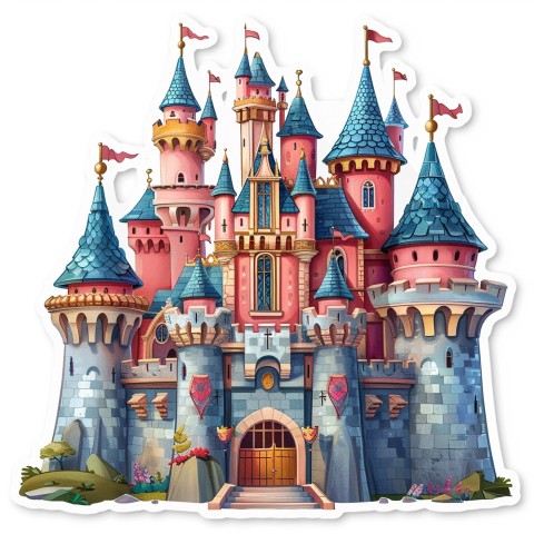 Cute Kawaii Stickers Majestic Castle with Blushing Walls and Flags on White Background (24)