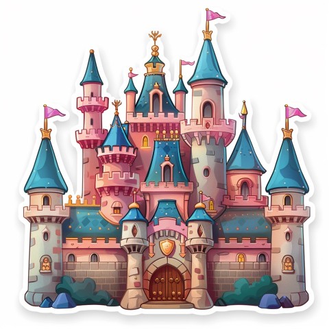 Cute Kawaii Stickers Majestic Castle with Blushing Walls and Flags on White Background (39)