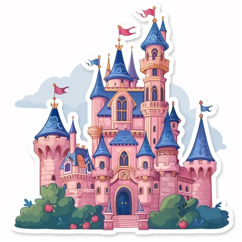 Cute Kawaii Stickers Majestic Castle with Blushing Walls and Flags on White Background (42)