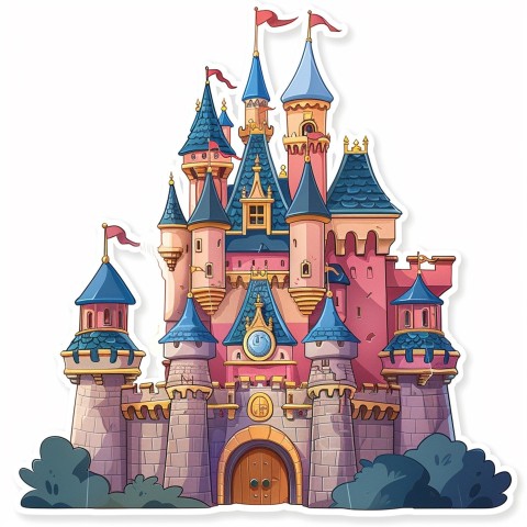 Cute Kawaii Stickers Majestic Castle with Blushing Walls and Flags on White Background (53)