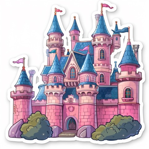 Cute Kawaii Stickers Majestic Castle with Blushing Walls and Flags on White Background (50)