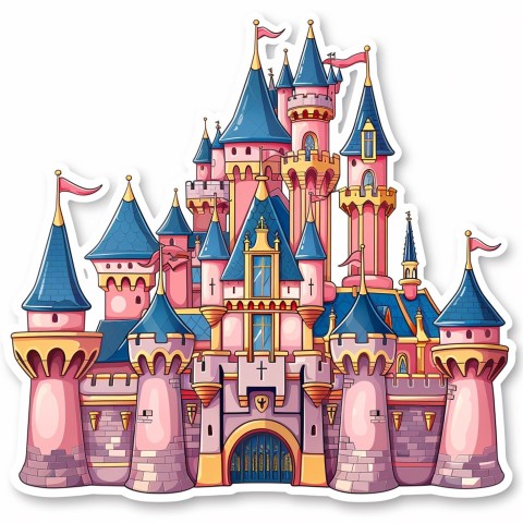 Cute Kawaii Stickers Majestic Castle with Blushing Walls and Flags on White Background (41)