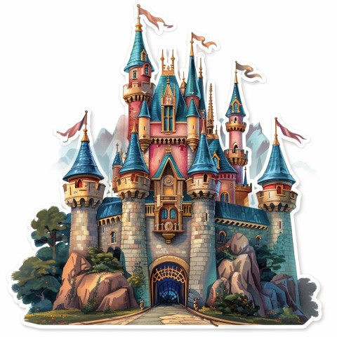 Cute Kawaii Stickers Majestic Castle with Blushing Walls and Flags on White Background (60)