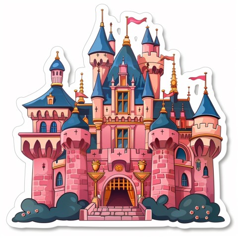 Cute Kawaii Stickers Majestic Castle with Blushing Walls and Flags on White Background (46)