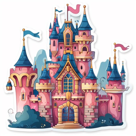 Cute Kawaii Stickers Majestic Castle with Blushing Walls and Flags on White Background (45)