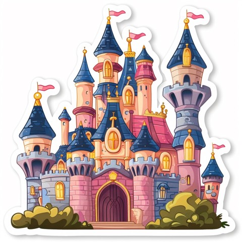 Cute Kawaii Stickers Majestic Castle with Blushing Walls and Flags on White Background (56)