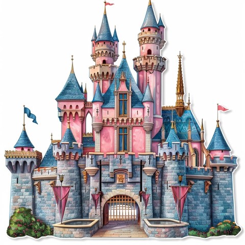 Cute Kawaii Stickers Majestic Castle with Blushing Walls and Flags on White Background (44)