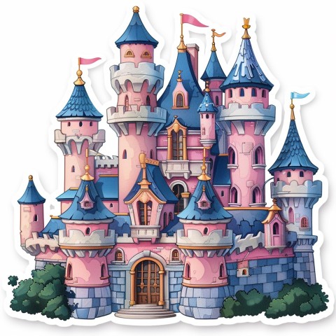 Cute Kawaii Stickers Majestic Castle with Blushing Walls and Flags on White Background (43)