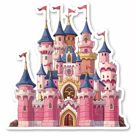 Cute Kawaii Stickers Majestic Castle with Blushing Walls and Flags on White Background (68)