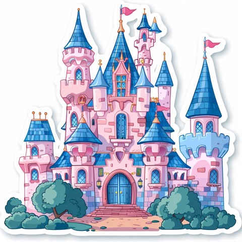 Cute Kawaii Stickers Majestic Castle with Blushing Walls and Flags on White Background (79)