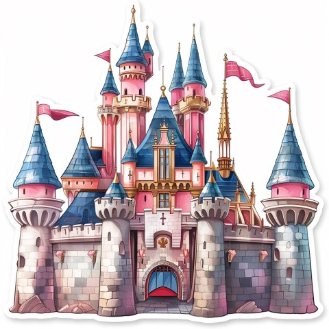 Cute Kawaii Stickers Majestic Castle with Blushing Walls and Flags on White Background (73)