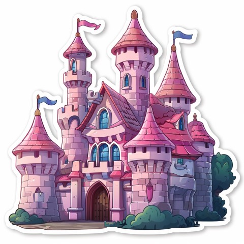 Cute Kawaii Stickers Majestic Castle with Blushing Walls and Flags on White Background (66)