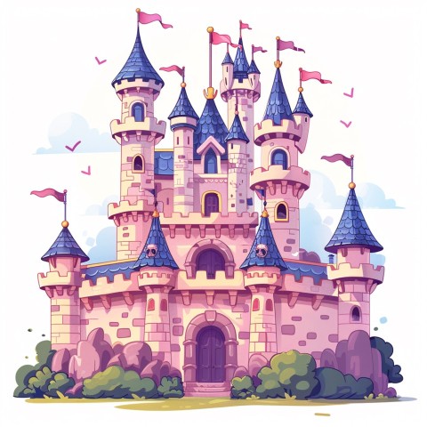 Cute Kawaii Stickers Majestic Castle with Blushing Walls and Flags on White Background (80)