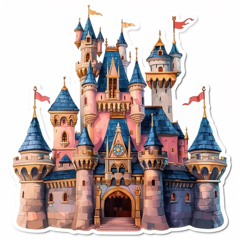 Cute Kawaii Stickers Majestic Castle with Blushing Walls and Flags on White Background (77)