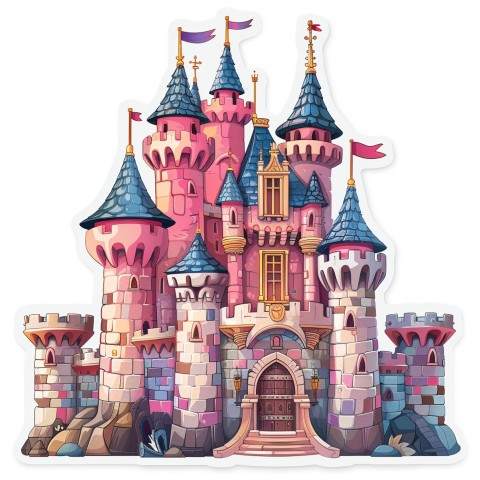 Cute Kawaii Stickers Majestic Castle with Blushing Walls and Flags on White Background (62)