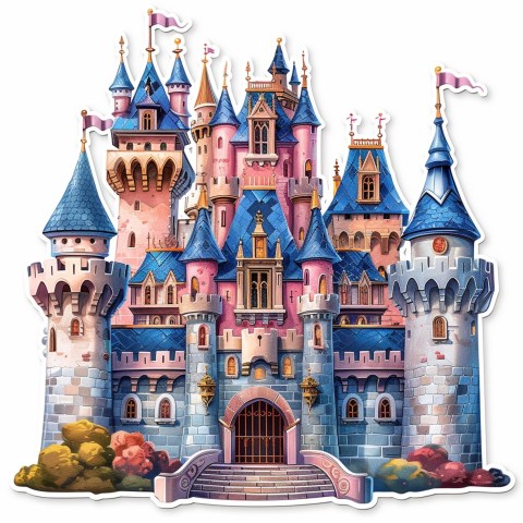 Cute Kawaii Stickers Majestic Castle with Blushing Walls and Flags on White Background (65)