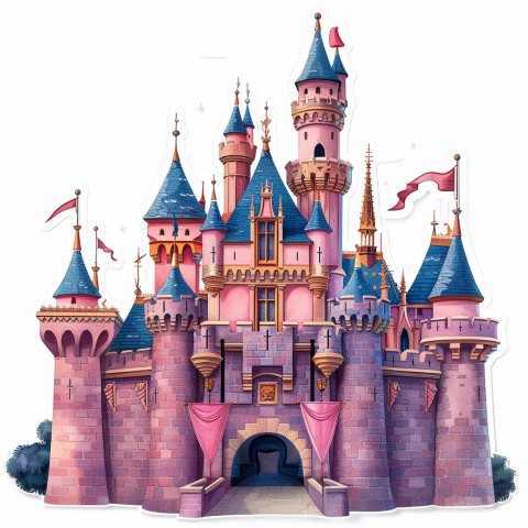 Cute Kawaii Stickers Majestic Castle with Blushing Walls and Flags on White Background (76)