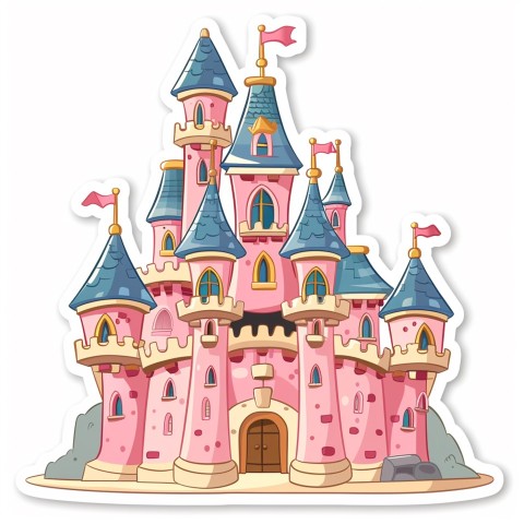 Cute Kawaii Stickers Majestic Castle with Blushing Walls and Flags on White Background (90)