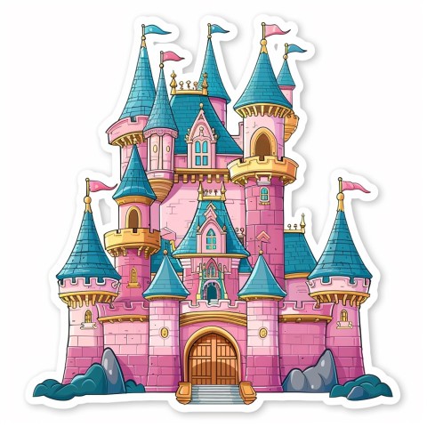 Cute Kawaii Stickers Majestic Castle with Blushing Walls and Flags on White Background (83)