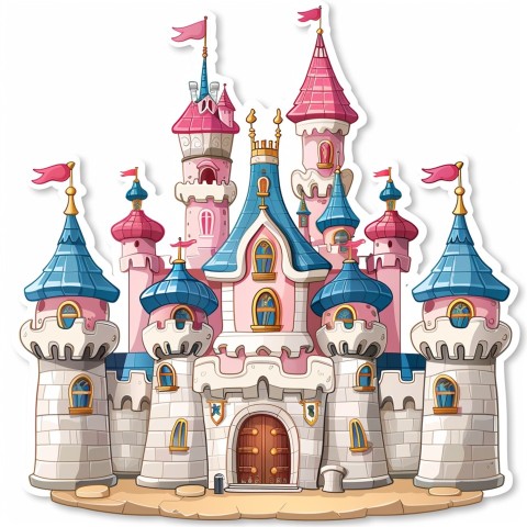 Cute Kawaii Stickers Majestic Castle with Blushing Walls and Flags on White Background (92)