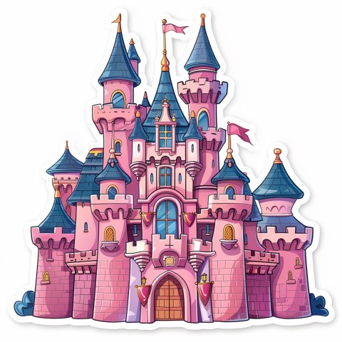 Cute Kawaii Stickers Majestic Castle with Blushing Walls and Flags on White Background (88)