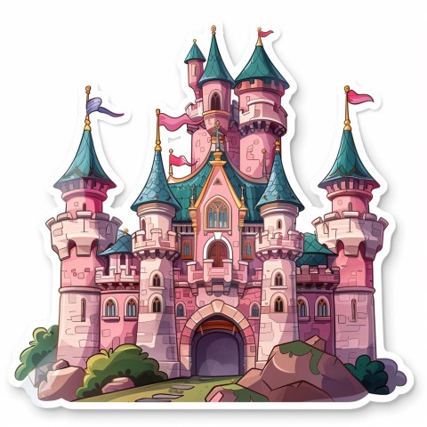 Cute Kawaii Stickers Majestic Castle with Blushing Walls and Flags on White Background (84)