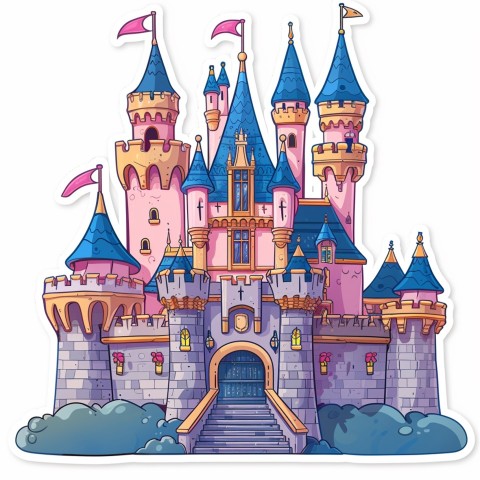 Cute Kawaii Stickers Majestic Castle with Blushing Walls and Flags on White Background (100)