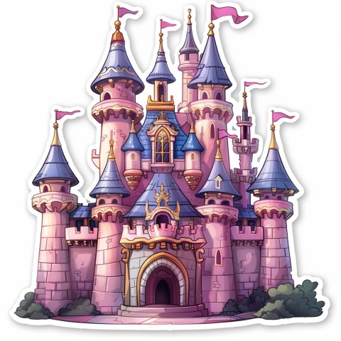 Cute Kawaii Stickers Majestic Castle with Blushing Walls and Flags on White Background (85)